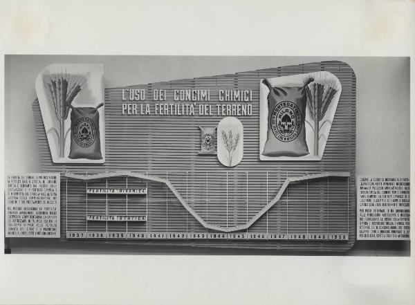 Milano - Fiera campionaria del 1947 - Padiglione Montecatini - [Sala dell'agricoltura?] - Riproduzione tabelle e grafici statistici - Concimi chimici per la fertilità del terreno