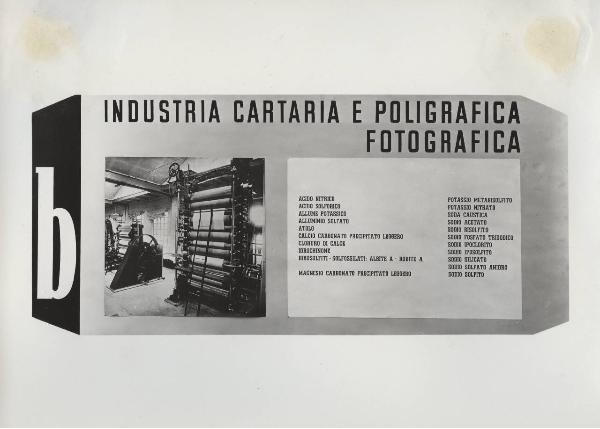 Milano - Fiera campionaria del 1947 - Padiglione Montecatini - Sala prodotti chimici per l'industria - Riproduzione tabelle e grafici statistici - Composti utilizzati nell'industria cartaria e poligrafica fotografica
