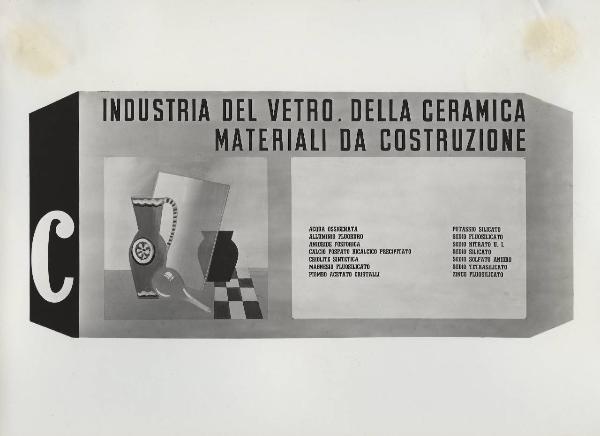 Milano - Fiera campionaria del 1947 - Padiglione Montecatini - Sala prodotti chimici per l'industria - Riproduzione tabelle e grafici statistici - Composti utilizzati nell'industria del vetro, ceramica e per i materiali da costruzione