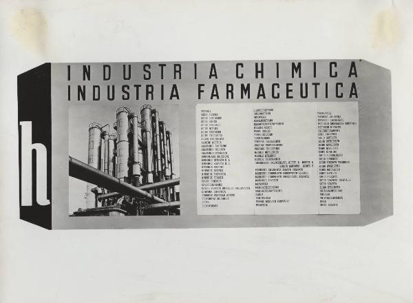 Milano - Fiera campionaria del 1947 - Padiglione Montecatini - Sala prodotti chimici per l'industria - Riproduzione tabelle e grafici statistici - Composti utilizzati nell'industria chimica e farmaceutica