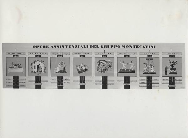 Milano - Fiera campionaria del 1947 - Padiglione Montecatini - Sala opere di assistenza ai lavoratori - Riproduzione tabelle e grafici statistici - Opere assistenziali