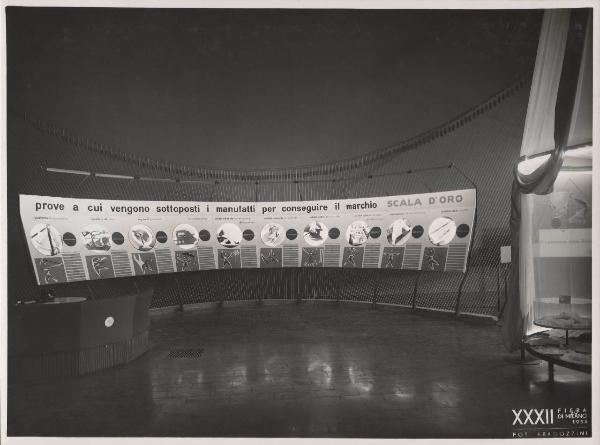 Milano - Fiera campionaria del 1954 - Padiglione Montecatini - Sala Rhodia - Tessuti Rhodiatoce - Prove per conseguire il marchio di qualità "scala d'oro"