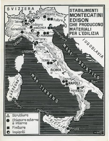 Riproduzione di disegno - Cartina dell'Italia - Stabilimenti Montecatini Edison per l'edilizia