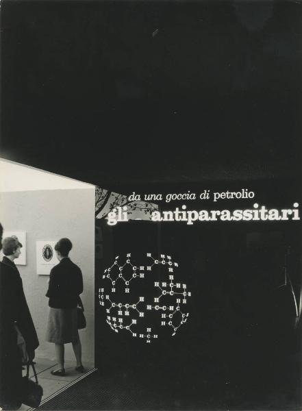 Milano - Fiera campionaria del 1964 - Padiglione Montecatini - Mostra "Gli sviluppi della industria petrolchimica attraverso la storia della goccia di petrolio" - Sala antiparassitari - Ingresso - Visitatori