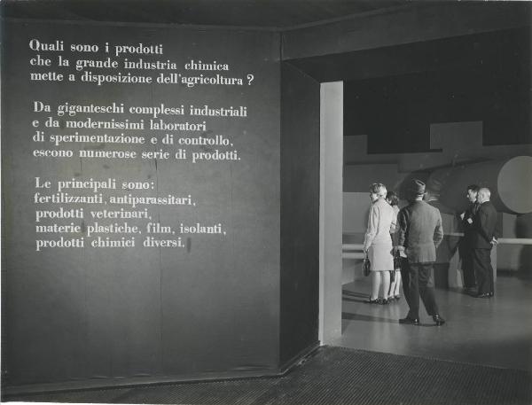 Milano - Fiera campionaria del 1966 - Padiglione Montecatini Edison - Mostra "chimica: agricoltura più ricca" - Sala "che solo la chimica può compiere" - Ingresso - Pannello esplicativo - Visitatori