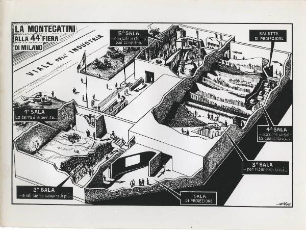 Riproduzione di disegno - Pianta dell'interno del Padiglione Montecatini alla fiera campionaria di Milano del 1966