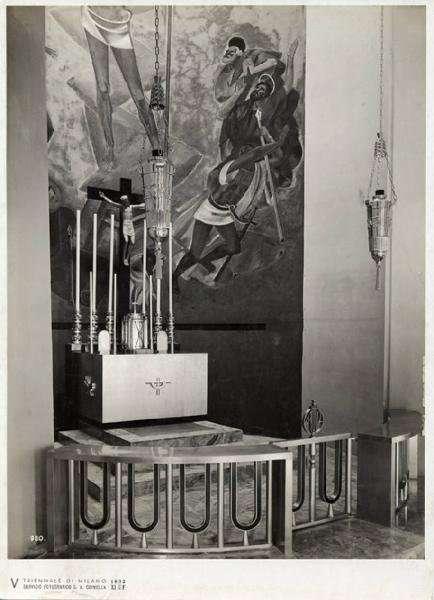 V Triennale - Mostre nel parco - Padiglione della mostra d'arte sacra - Altare di Enrico Ratti - Pittura murale "l'ascensione" di Enzo Morelli