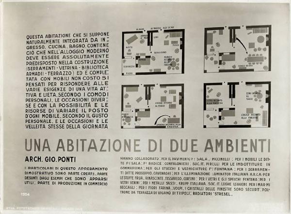 VI Triennale - Mostra dell'arredamento - Piccolo appartamento di Gio Ponti - Pannello con le piante e gli esempi di disposizione dell'arredamento