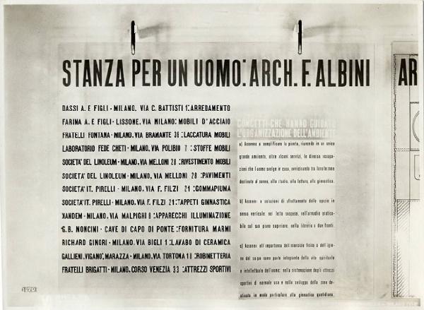 VI Triennale - Mostra dell'arredamento - Stanza per un uomo di Franco Albini - Pannello di presentazione del progetto