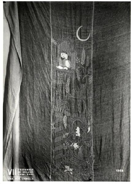 VII Triennale - Mostra dell'E.N.A.P.I. - Ricami e merletti - Tenda ricamata "Serenata" di Umberto Zimelli