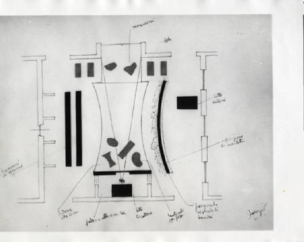 VII Triennale - Mostra dei tessuti e dei ricami - Sezione dei merletti e dei ricami - Studio per l'allestimento di Fabrizio Clerici