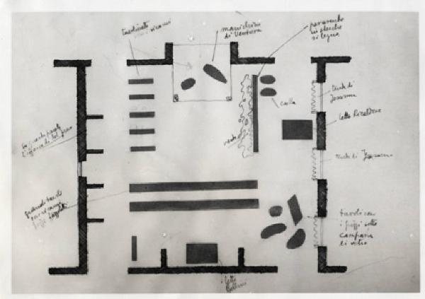 VII Triennale - Mostra dei tessuti e dei ricami - Sezione dei merletti e dei ricami - Studio per l'allestimento di Fabrizio Clerici