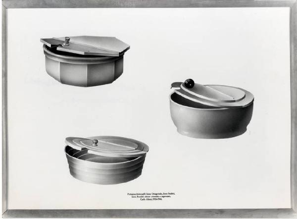 XVI Triennale - Primo ciclo - La sistemazione del design - Paesaggio casalingo - Riproduzione di disegno di oggetti della ditta Alessi