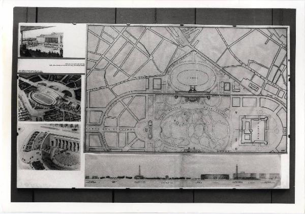 XVI Triennale - Secondo ciclo - Catasto del disegno - Giuseppe de Finetti, progetti 1920-1951 - Pannello con il progetto dell'arena di Milano