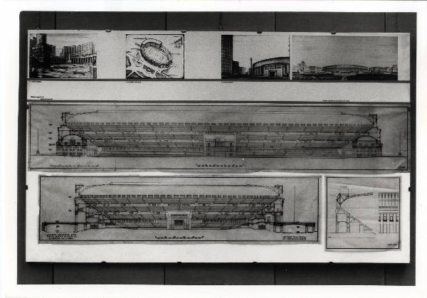 XVI Triennale - Secondo ciclo - Catasto del disegno - Giuseppe de Finetti, progetti 1920-1951 - Pannello con il progetto per una stazione tramviaria