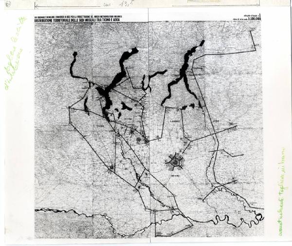 XVI Triennale - Terzo ciclo - Conoscenza della città - Concorso di idee per un museo metropolitano milanese - Pannello grafico di analisi di distribuzione delle sedi museali tra Ticino e Adda