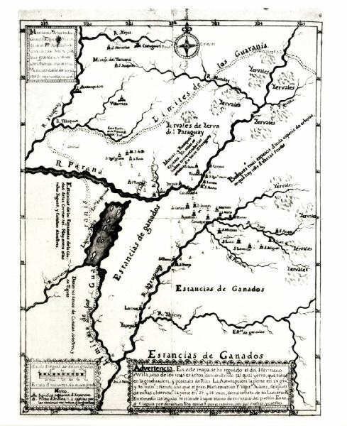 XVI Triennale - Terzo ciclo - Conoscenza della città - Città di fondazione. Le "reducciones" gesuitiche nel Paraguay tra il XVII e il XVIII secolo - Mappa che illustra la posizione dei puebols del 1710