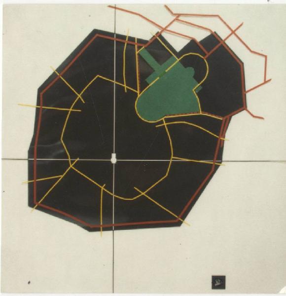 XIX Triennale - Mostra introduttiva esterna - La Triennale nella città - Piano di valorizzazione del parco Sempione e dei suoi monumenti - Il parco Sempione di Vittoriano Viganò - Planimetria del centro di Milano dai Bastioni