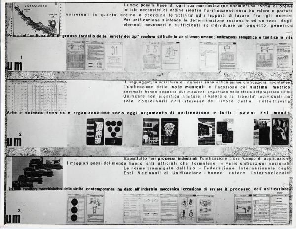 VIII Triennale - Unificazione, modulazione e industrializzazione nell'edilizia - Unificazione e modulazione - Pannello espositivo