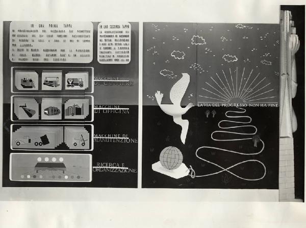 VIII Triennale - Sezioni estere - Belgio - Terza parte. Grafica - Pannello con tipologie di macchinari utilizzati nell'edilizia