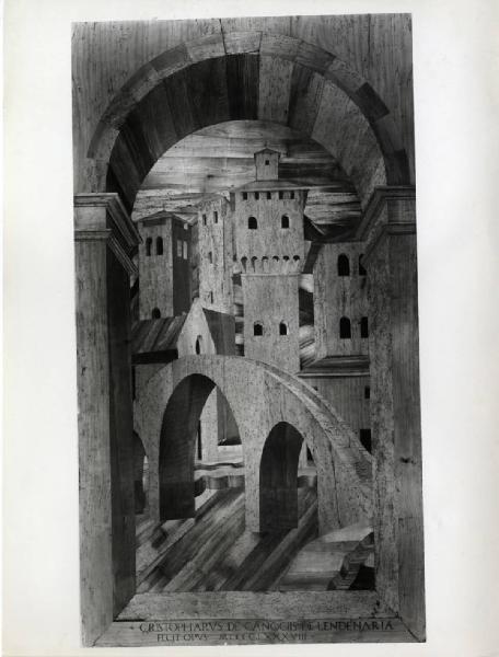 IX Triennale - Studi sulle proporzioni - Pannello intarsiato "Il ponte del diavolo" di Cristoforo da Lendinara
