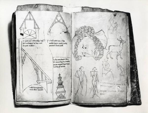 IX Triennale - Studi sulle proporzioni - Riproduzione di una pagina appartenente al manoscritto membranaceo "Album de dessins" di Villard de Honnecourt