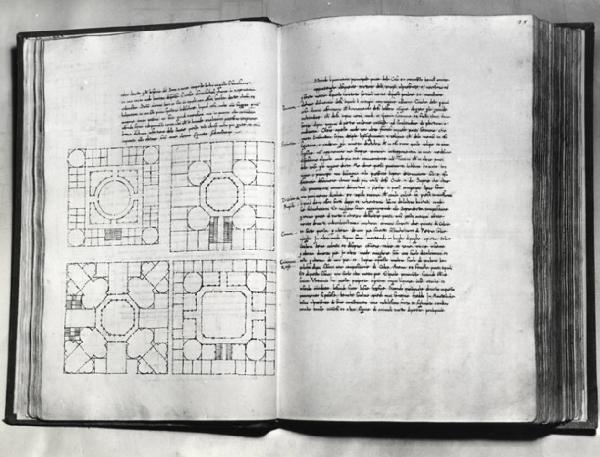 IX Triennale - Studi sulle proporzioni - Riproduzione di una pagina appartenente al manoscritto cartaceo "Trattato di architettura" del Filarete