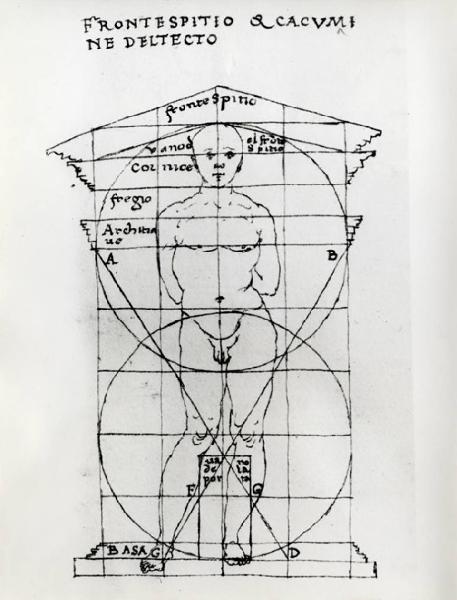 IX Triennale - Studi sulle proporzioni - Riproduzione di una pagina appartenente al manoscritto cartaceo "Trattato di architettura" di Francesco di Giorgio Martini