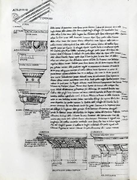 IX Triennale - Studi sulle proporzioni - Riproduzione di una pagina appartenente al manoscritto cartaceo "Trattato di architettura" di Francesco di Giorgio Martini