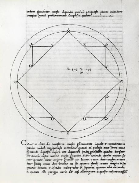 IX Triennale - Studi sulle proporzioni - Riproduzione di una pagina appartenente al manoscritto cartaceo "Trattato di architettura" del Filarete