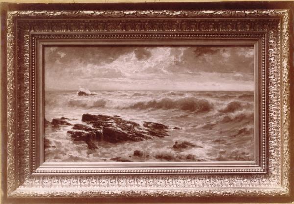 Paesaggio marino - Mare in tempesta e scogli - Dipinto su tela - Cornice