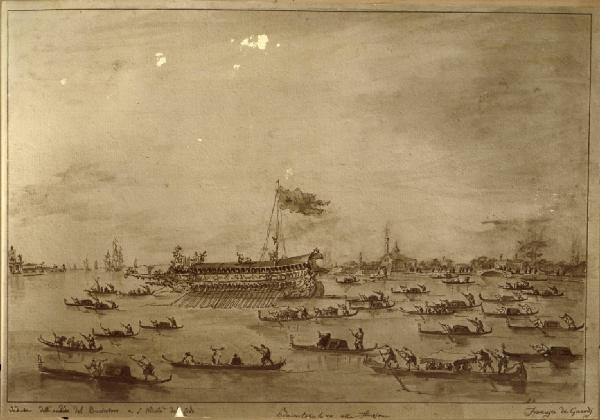 Guardi, Francesco - Veduta dell'andata del Bucintoro a san Nicolò del Lido - Disegno acquarellato su carta