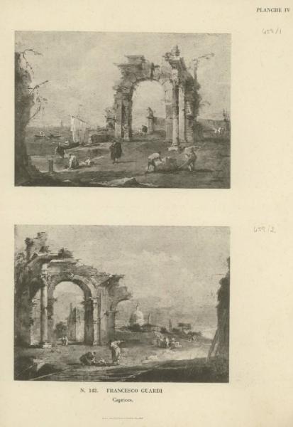 Guardi, Francesco - Capriccio con arco in rovina e ruderi in un villaggio lagunare - Dipinto - Olio su tavola - Parigi - Collezione A. Leroy