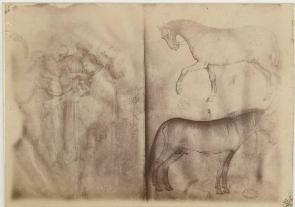 Grassi, Giovannino de' - Figure in atto di cantare davanti ad uno spartito(pagina di sinistra); due cavalli (pagina di destra) - Disegno - Bergamo - Biblioteca Civica