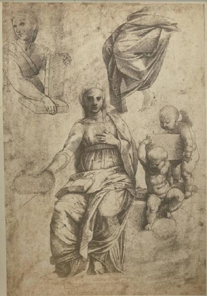 Scuola di Raffaello - Studi di figure e Angeli dal finto bassorilievo nella Scuola di Atene - Disegno