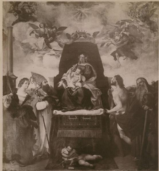 Lotto, Lorenzo - Madonna con Bambino e i Santi Caterina d'Alessandria, Agostino, Sebastiano, Antonio Abate e Giovannino - Dipinto - Olio su tela - Bergamo - Chiesa di Santo Spirito