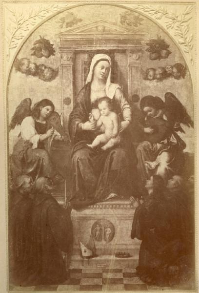 Giovanni di Francesco Recamador (detto Giovanni da Udine) - Madonna con Bambino in trono con angeli e donatori - Dipinto - Olio su tela