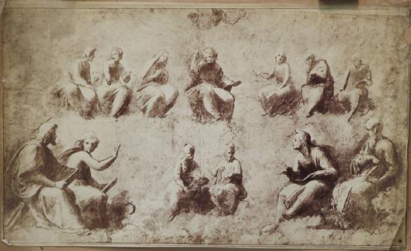 Sanzio, Raffaello - Prima idea per i personaggi cedlesti della Disputa del sacramento nelle stanze di Raffaello ai Musei Vaticani - Disegno preparatorio per affresco - Oxford - Ashmolean Museum