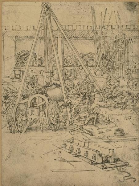 Leonardo da Vinci - Il cantiere per la fabbrica di un cannone - Disegno - Windsor - Royal Library