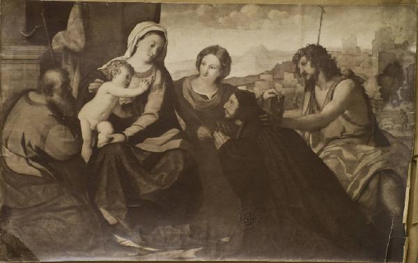 Palma il Vecchio e bottega - Sacra Famiglia con Santa Caterina, San Giovanni Battista e donatore - Dipinto - Londra - Collezione Benson