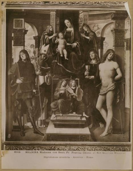 Raibolini, Francesco detto Francia - Madonna con Bambino in trono tra san Procolo, sant'Agostino, san Giovanni Evangelista, san Sebastiano e angeli - Dipinto - Bologna - Chiesa di S. Giacomo Maggiore - Cappella Bentivoglio