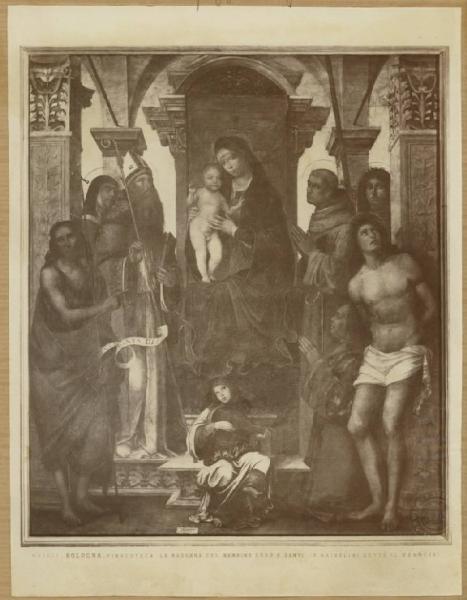 Raibolini, Francesco detto Francia - Madonna con Bambino in trono, i Santi Agostino, Francesco, Procolo, Monica, Giovanni Battista, Sebastiano, il donatore Felicini e angelo musicante (Pala Felicini) - Dipinto - Bologna - Pinacoteca Nazionale