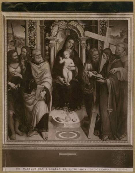 Marti, Agostino di Francesco - Madonna con Bambino in trono tra san Giovanni Battista, san Paolo, san Pietro, sant'Andrea, san Giovanni Evangelista e san Francesco d'Assisi - Dipinto - Olio su tavola - Roma - Pinacoteca Capitolina