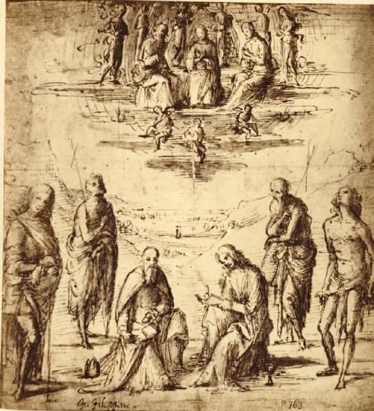 Costa, Lorenzo - Incoronazione della Vergine e i santi Giovanni Evangelista, Vittore, Agostino, Giovanni Battista, Girolamo e Sebastiano - Disegno - Firenze - Uffizi - Gabinetto dei Disegni