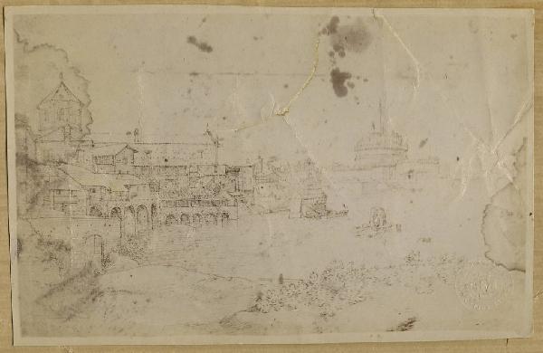 Paesaggio urbano di Roma con il Tevere e Castel Sant'Angelo sullo sfondo - Schizzo - Disegno