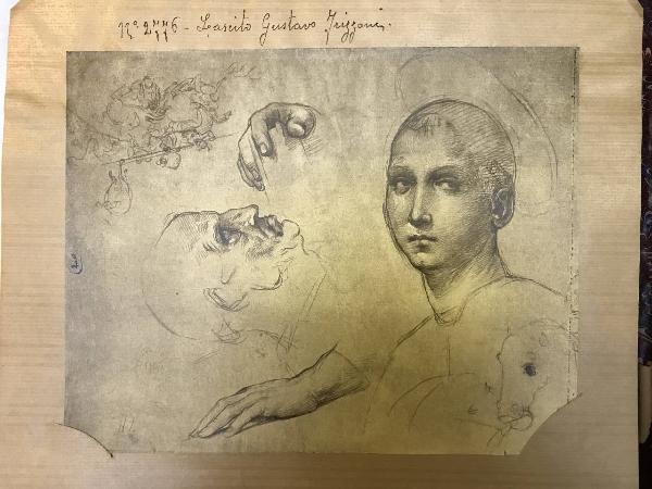 Sanzio, Raffaello - Teste e mani d'uomo, schizzo dalla Battaglia di Anghiari di Leonardo e testa di cavallo - Disegno - Oxford - Ashmolean Museum