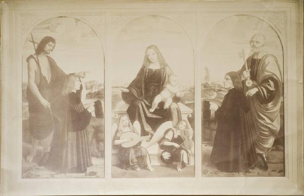 Marco d'Oggiono - Madonna con Bambino, i santi Giovanni Battista e Pietro con due donatori, due angeli musicanti - (Polittico Crespi, part.) - Dipinto