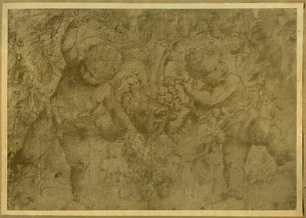 Lanino, Bernardino - Coppia di putti ai lati di un mascherone caprino - Disegno - Dresda - Staatliche Kunstsammlungen - Kupferstich-Kabinett