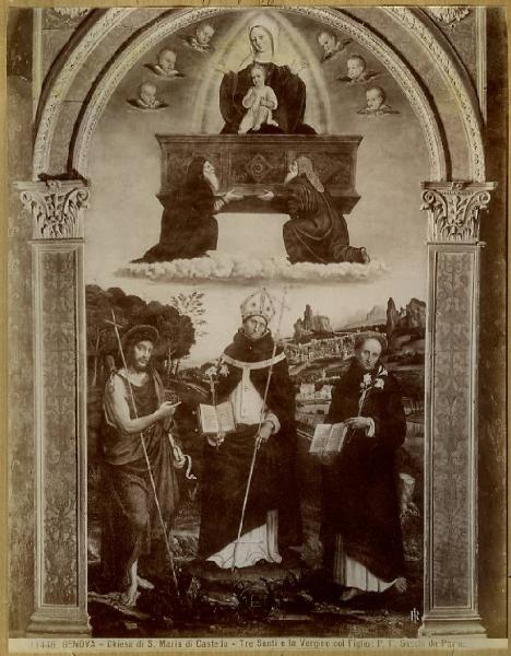 Sacchi, Pietro Francesco - San Giovanni Battista, sant'Antonino e san Tommaso d'Aquino con la Madonna Odigitria - Dipinto su tavola - Genova - Chiesa di S. Maria di Castello