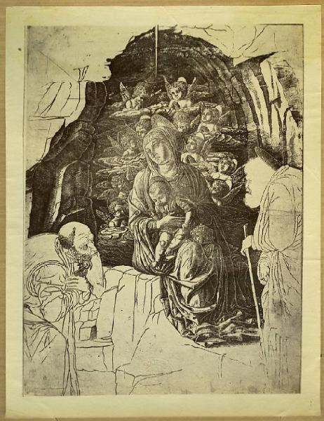 Autore italiano fine sec. XV - Madonna con Bambino, due santi e angeli (Madonna della grotta) - Incisione